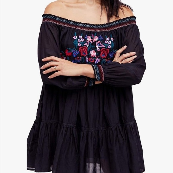 Free People Sunbeams Floral Embroidered Off The Shoulder Boho Dress - Black - S - Picture 5 of 14